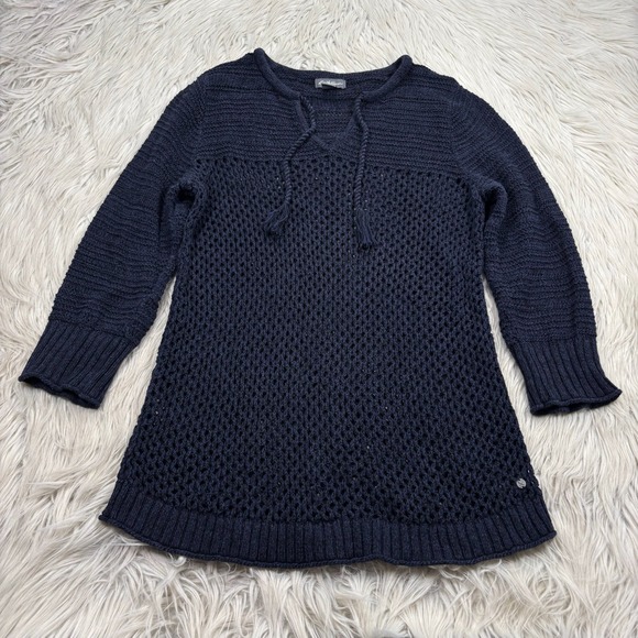 Eddie Bauer Sweaters - Eddie Bauer Women's M Navy Mixed Open Knit Sweater Coastal Grandma Boho Resort
